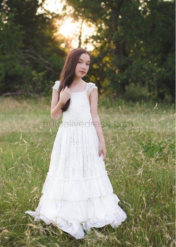 White Lace Ruffle Tiered Country Flower Girl Dress